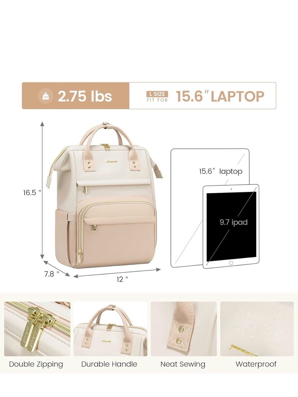 Women's Two-Tone Cream & Blush Backpack - Picture 3 of 6
